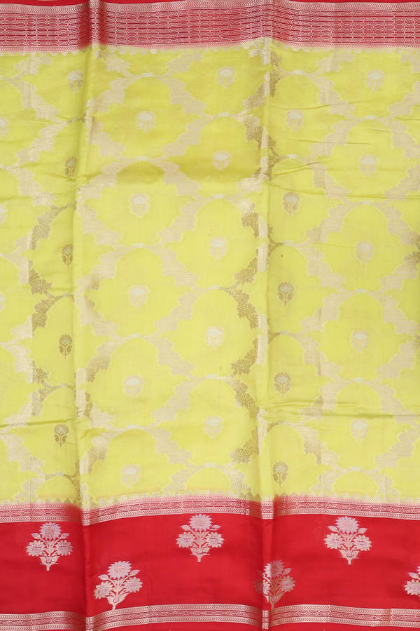 Raw Silk Saree In Pear Green With Ogee Design