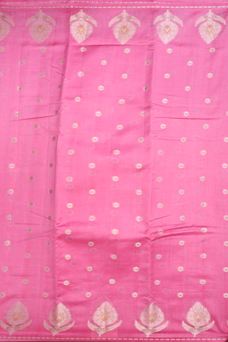 Raw Silk Saree In Pink With Allover Floral Buttas