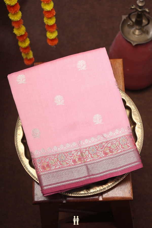 Raw Silk Saree In Pink With Floral Buttas
