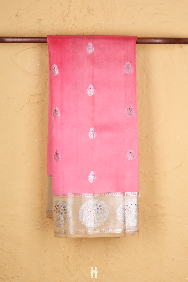 Raw Silk Saree In Pink With Floral Buttas