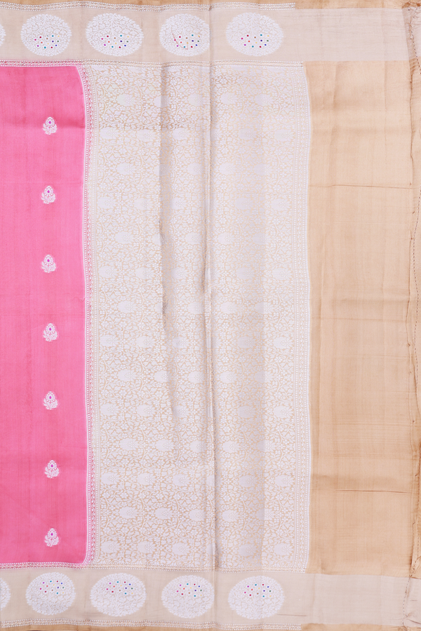Raw Silk Saree In Pink With Floral Buttas
