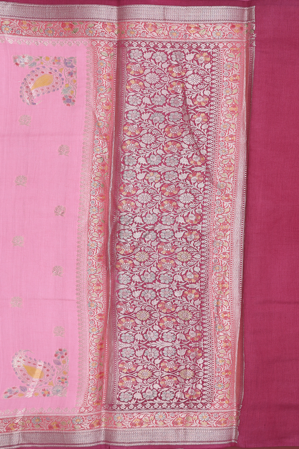 Raw Silk Saree In Pink With Floral Buttas