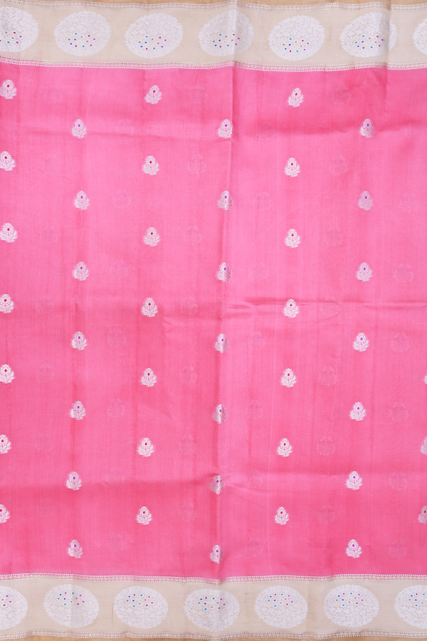 Raw Silk Saree In Pink With Floral Buttas