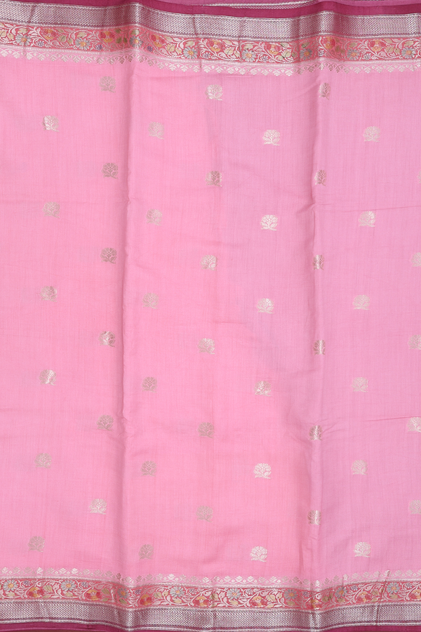 Raw Silk Saree In Pink With Floral Buttas