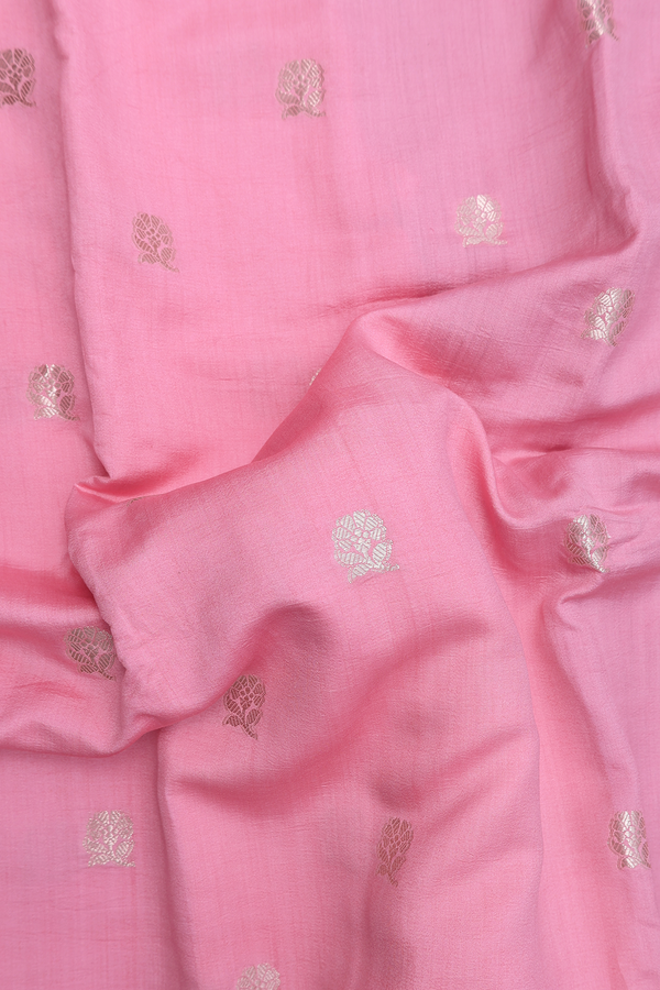 Raw Silk Saree In Pink With Floral Buttas