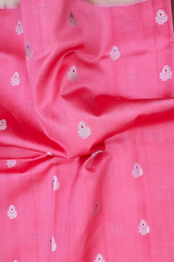 Raw Silk Saree In Pink With Floral Buttas