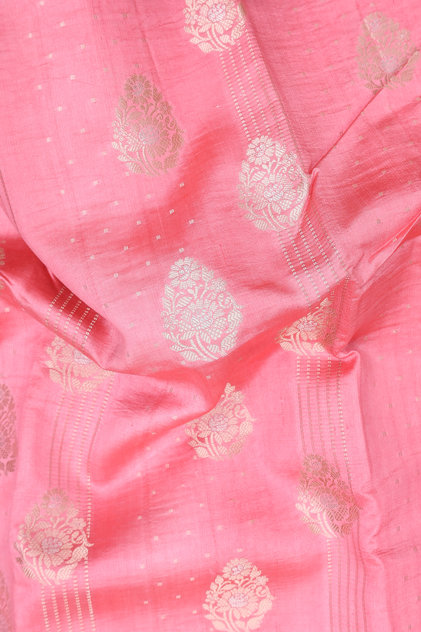 Raw Silk Saree In Pink With Floral Design