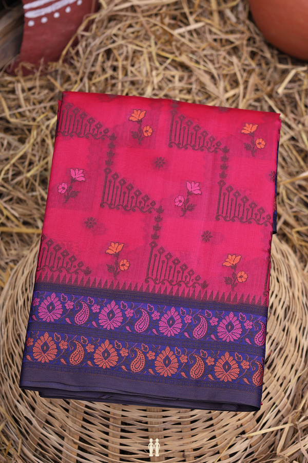 Raw Silk Saree In Pink With Threadwork Design