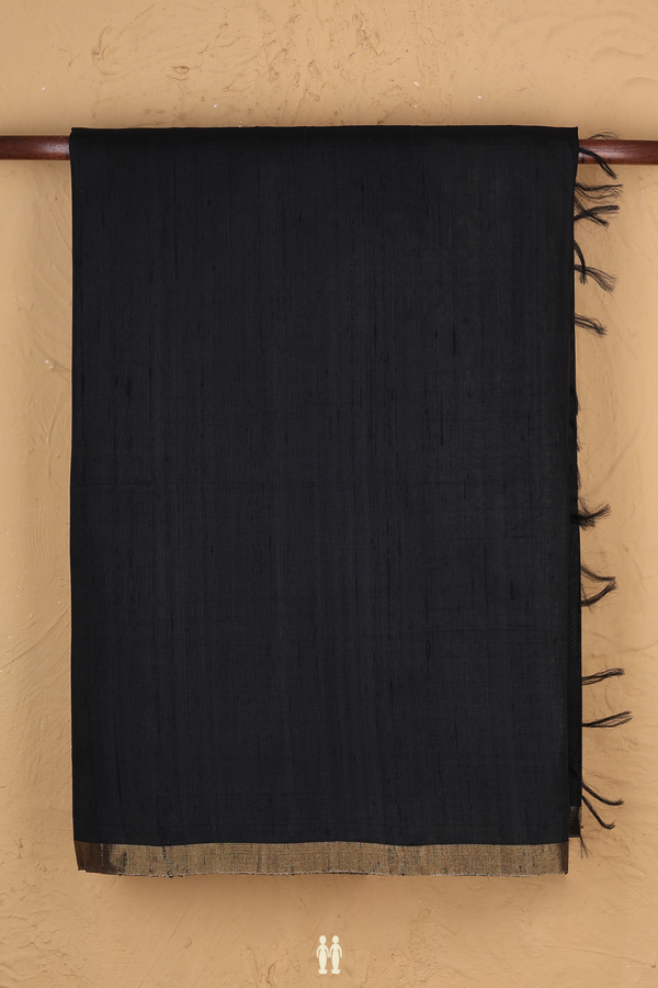 Raw Silk Saree In Plain Black With Zari Border