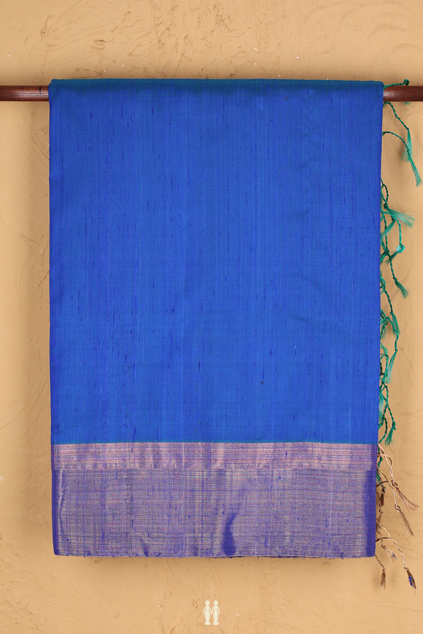 Raw Silk Saree In Plain Blue With Zari Border