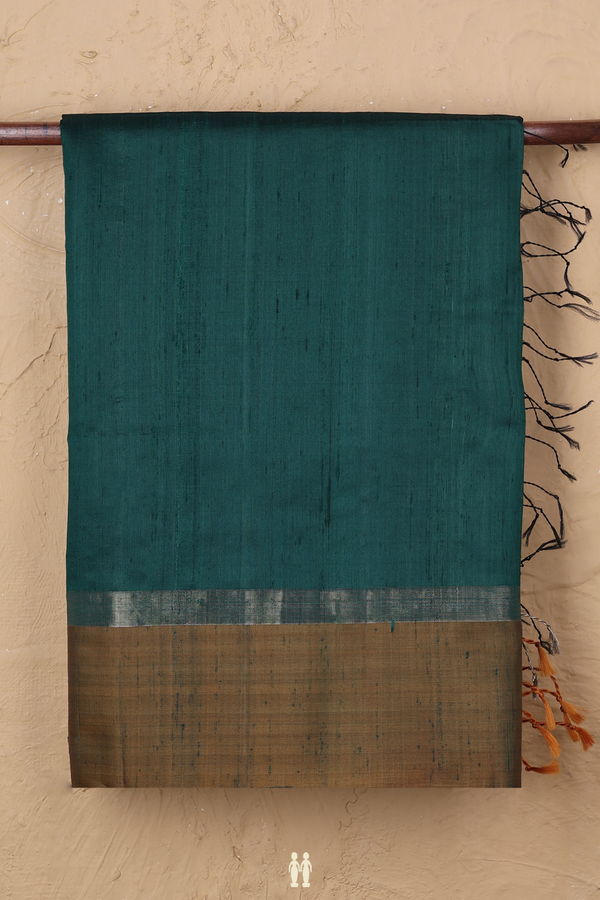 Raw Silk Saree In Plain Forest Green With Contrast Border