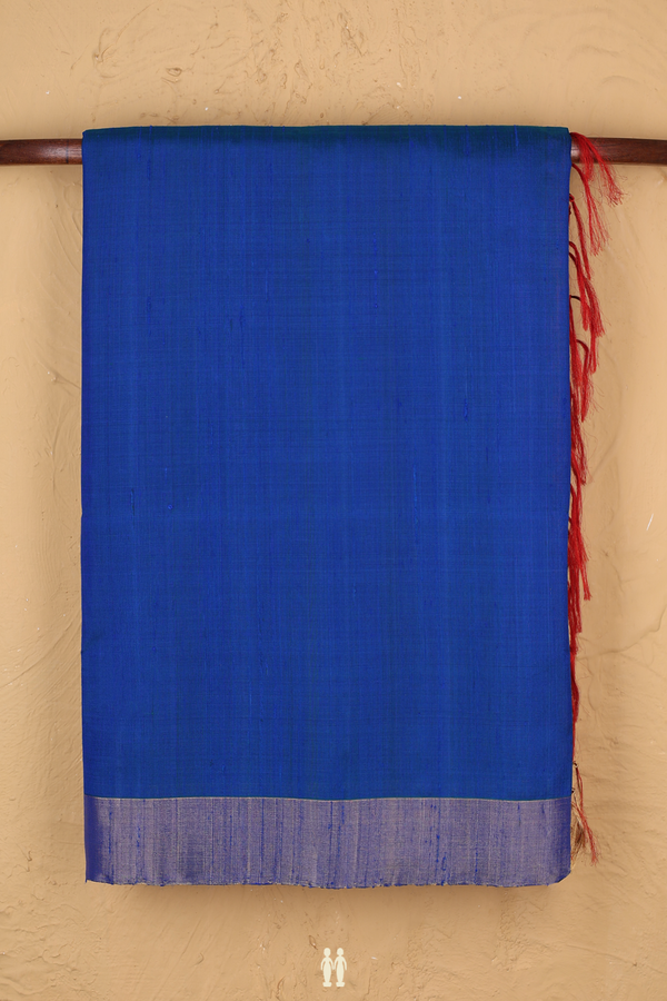 Raw Silk Saree In Plain Indigo Blue With Bavanchi Border