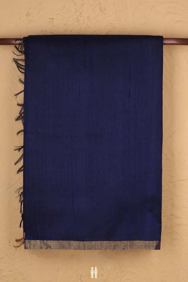 Raw Silk Saree In Plain Navy Blue With Zari Border