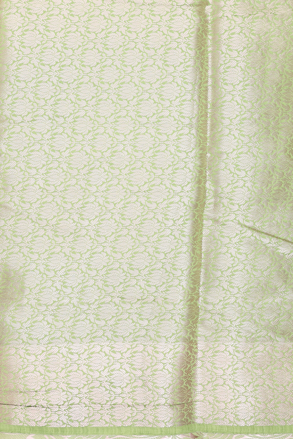 Raw Silk Saree In Plain Pastel Green With Floral Border