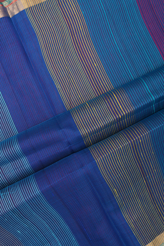 Raw Silk Saree In Plain Peacock Blue With Bavanchi Border