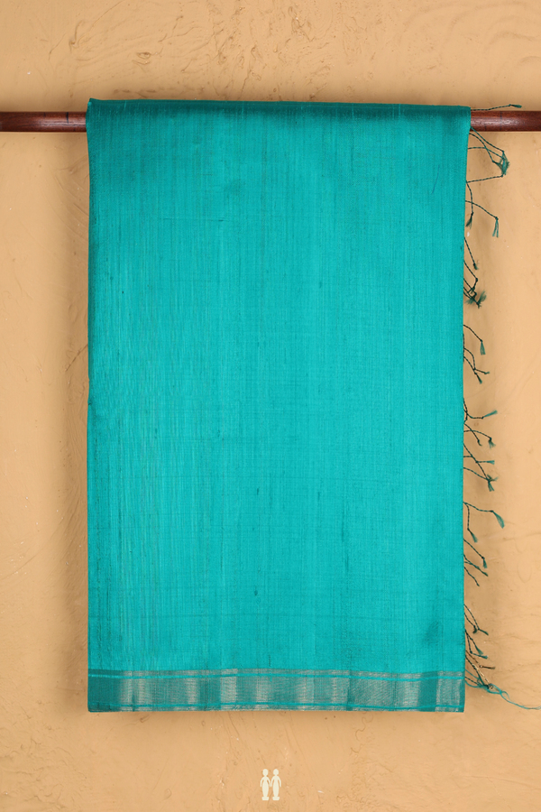 Raw Silk Saree In Plain Peacock Green With Bavanchi Border