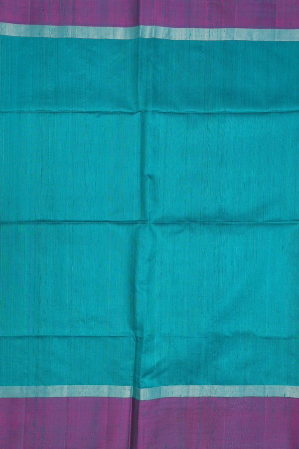 Raw Silk Saree In Plain Peacock Green With Contrast Border
