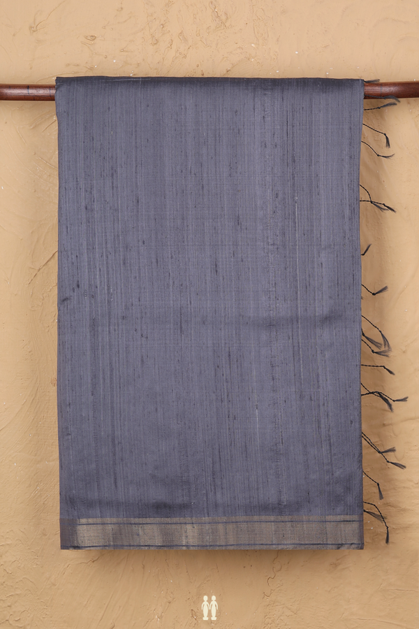 Raw Silk Saree In Plain Pigeon Blue With Bavanchi Border