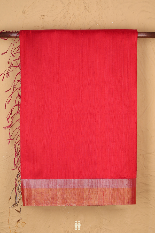 Raw Silk Saree In Plain Red With Bavanchi Border