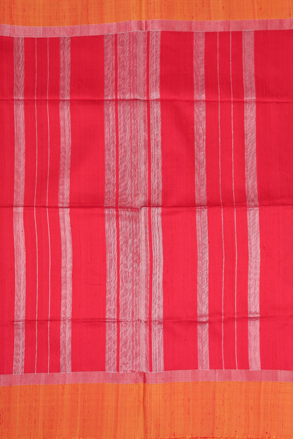 Raw Silk Saree In Plain Red With Contrast Border
