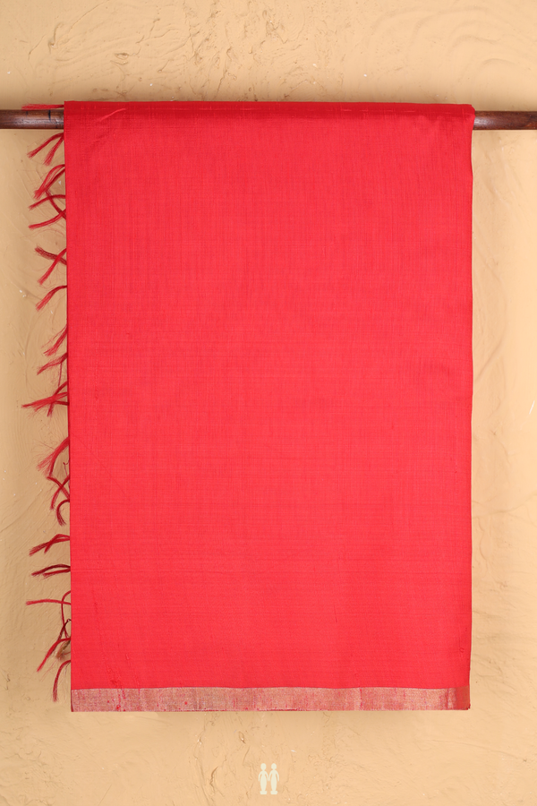 Raw Silk Saree In Plain Scarlet Red With Bavanchi Border
