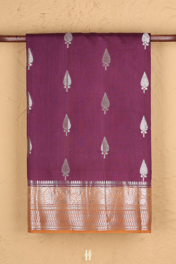 Raw Silk Saree In Plum Brown With Floral Buttas