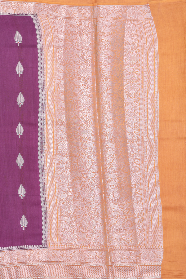 Raw Silk Saree In Plum Brown With Floral Buttas