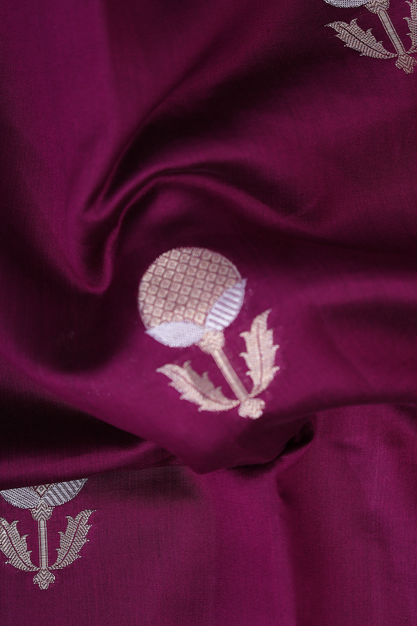Raw Silk Saree In Plum Purple With Floral Motifs