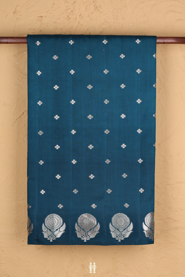 Raw Silk Saree In Prussian Blue With Floral Buttas