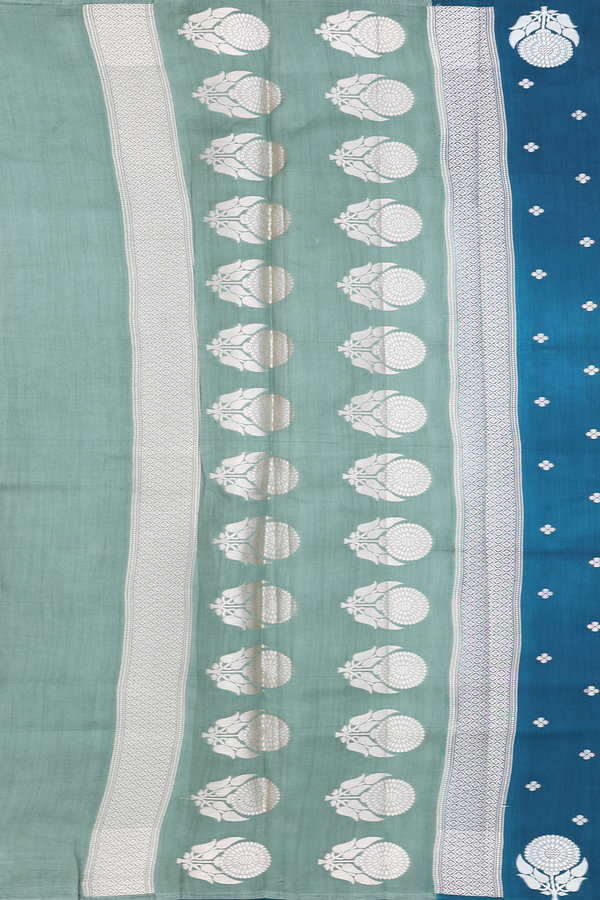 Raw Silk Saree In Prussian Blue With Floral Buttas
