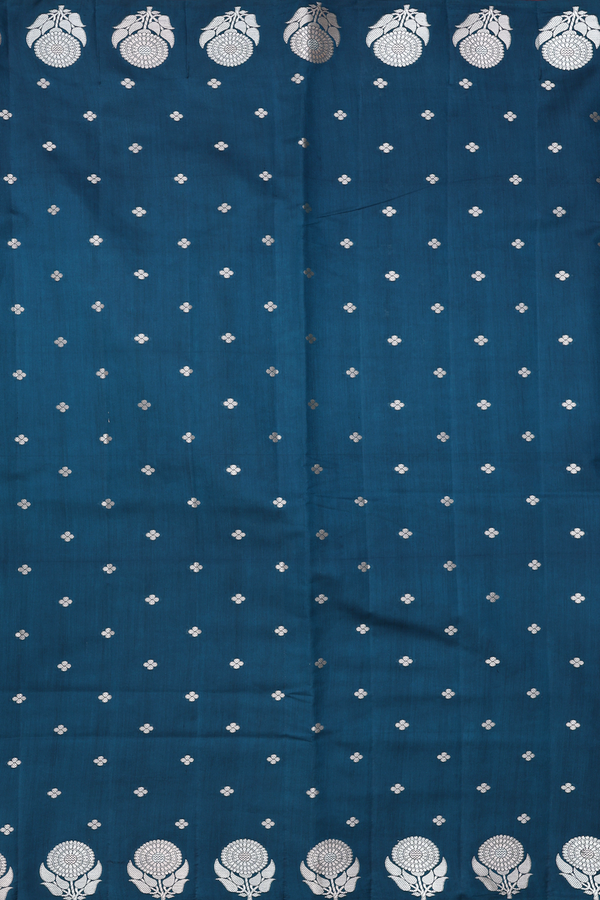 Raw Silk Saree In Prussian Blue With Floral Buttas