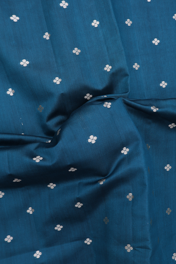 Raw Silk Saree In Prussian Blue With Floral Buttas