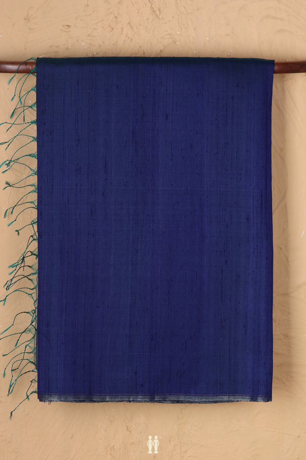 Raw Silk Saree In Prussian Blue With Plain
