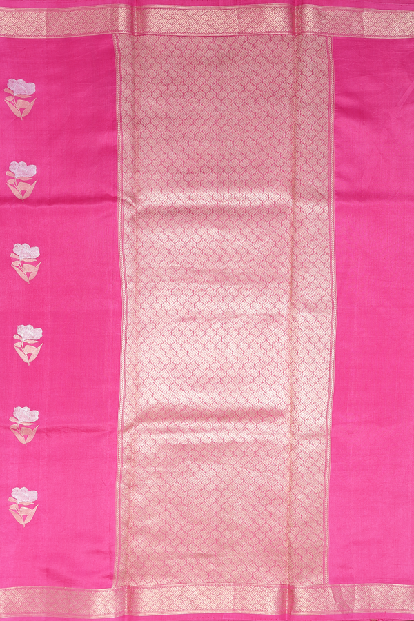 Raw Silk Saree In Punch Pink With Floral Buttas