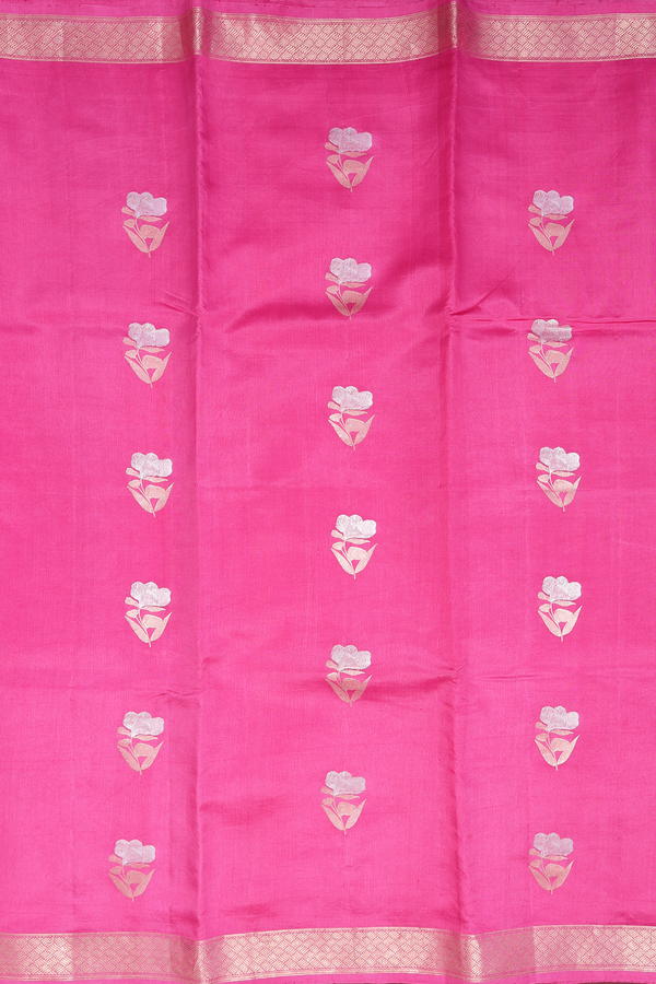 Raw Silk Saree In Punch Pink With Floral Buttas