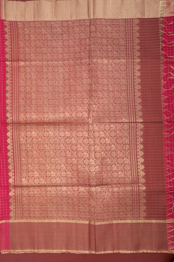 Raw Silk Saree In Rani Pink With Checks Design