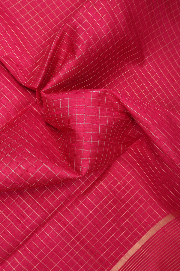 Raw Silk Saree In Rani Pink With Checks Design