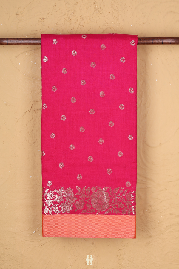 Raw Silk Saree In Rani Pink With Floral Buttas