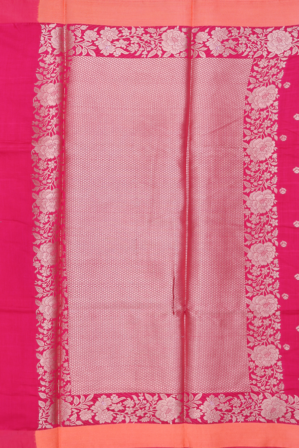 Raw Silk Saree In Rani Pink With Floral Buttas