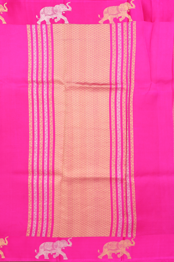 Raw Silk Saree In Rani Pink With Floral Buttas