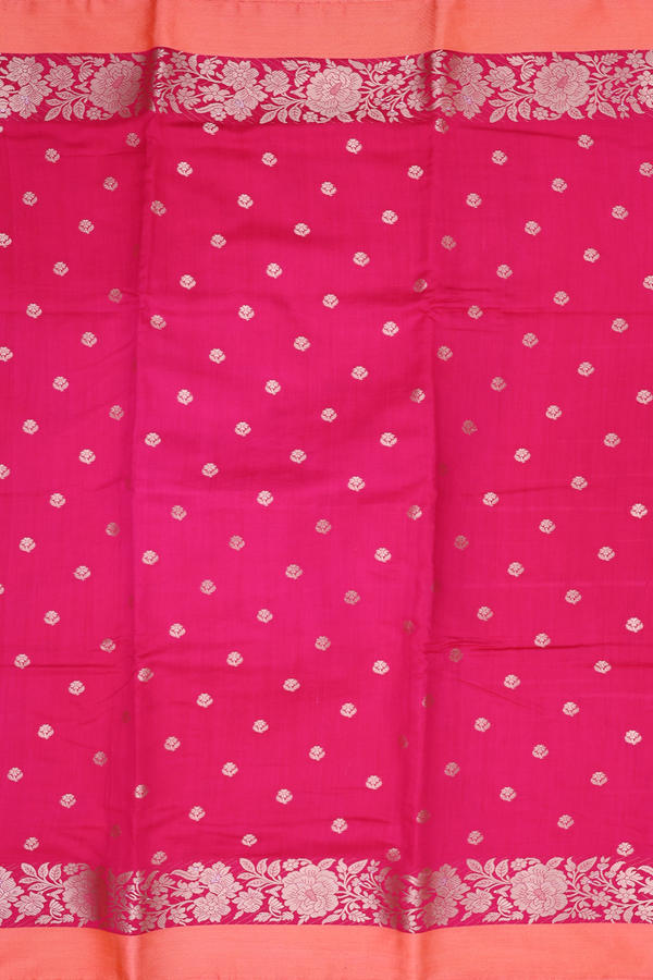 Raw Silk Saree In Rani Pink With Floral Buttas
