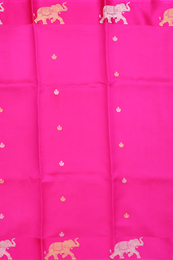Raw Silk Saree In Rani Pink With Floral Buttas