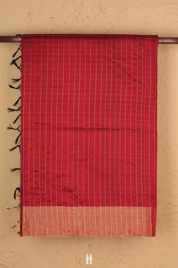 Raw Silk Saree In Red With Checks Design