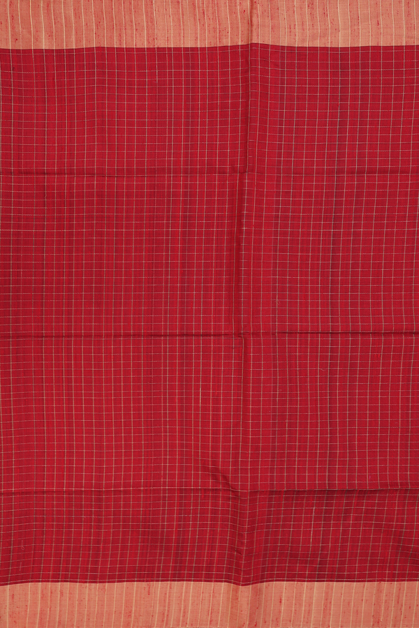 Raw Silk Saree In Red With Checks Design