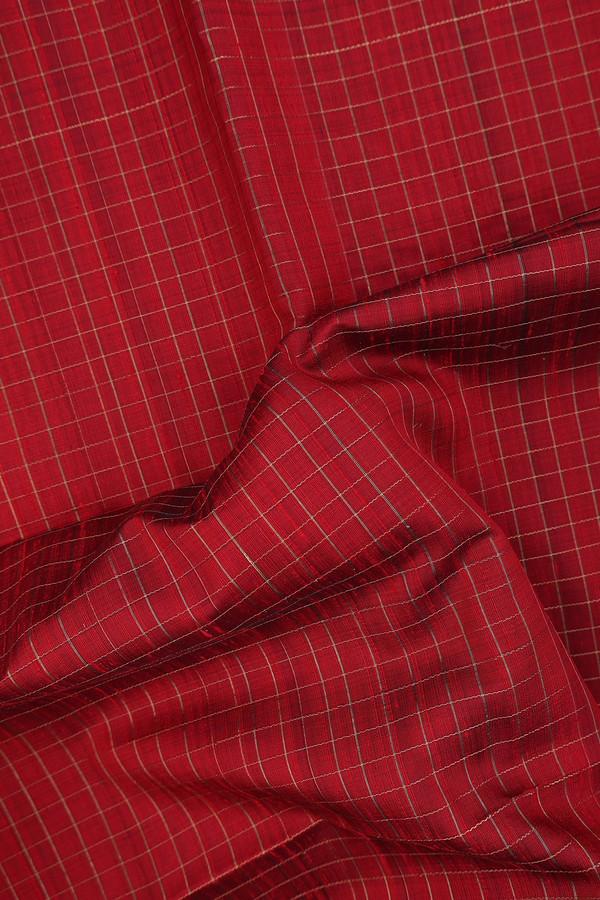 Raw Silk Saree In Red With Checks Design
