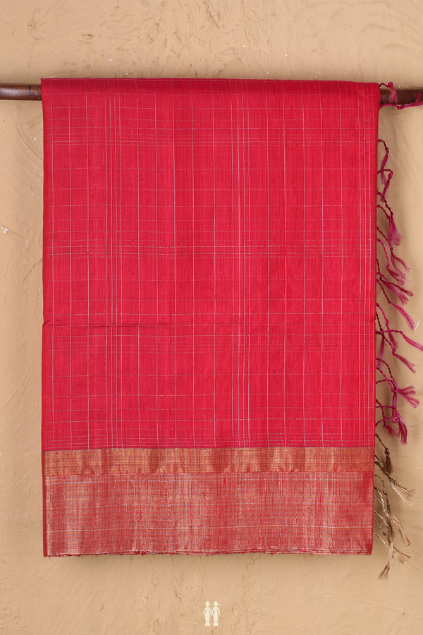 Raw Silk Saree In Scarlet Red With Checks Design