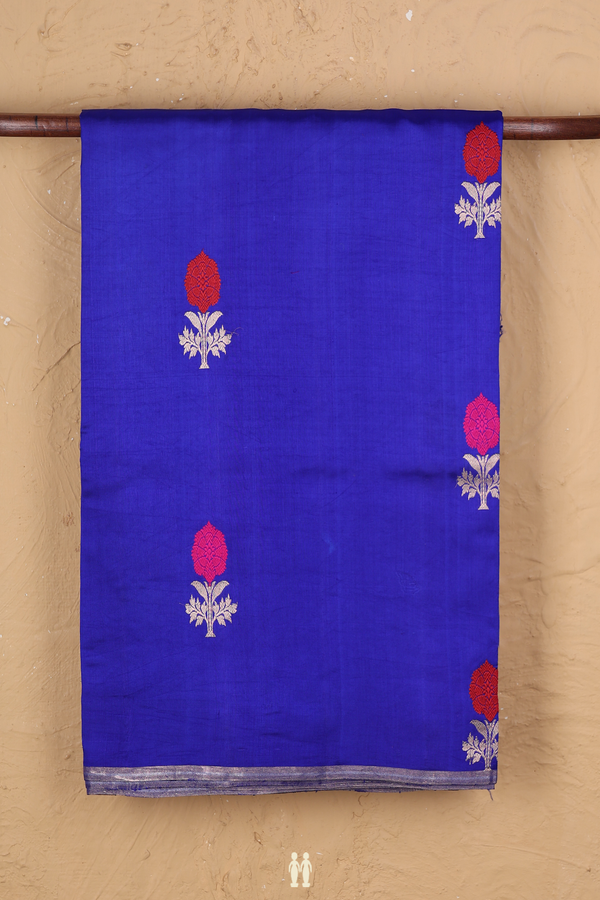 Raw Silk Saree In Royal Blue With Floral Buttas