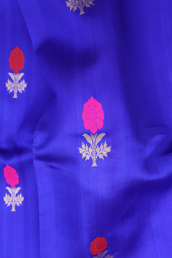 Raw Silk Saree In Royal Blue With Floral Buttas