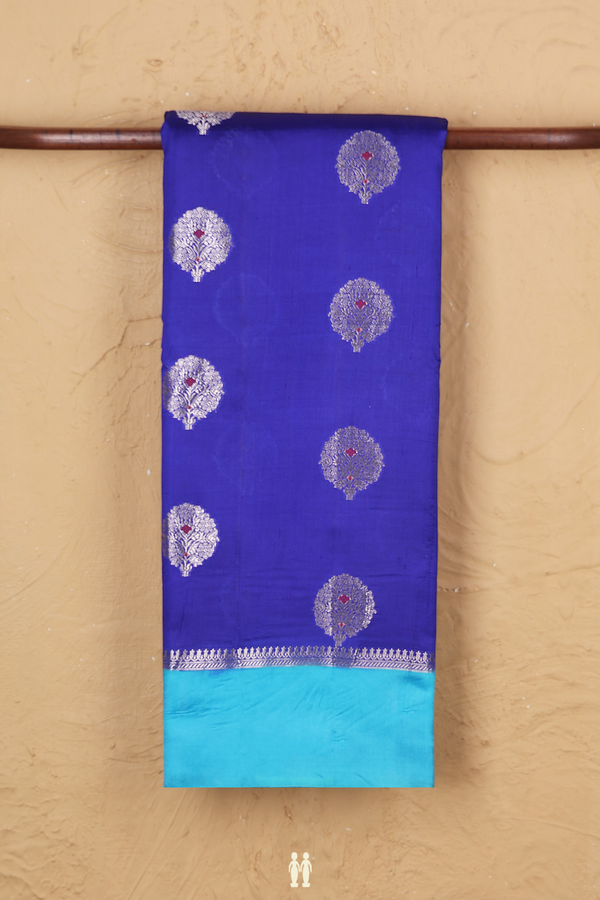 Raw Silk Saree In Royal Blue With Floral Motifs