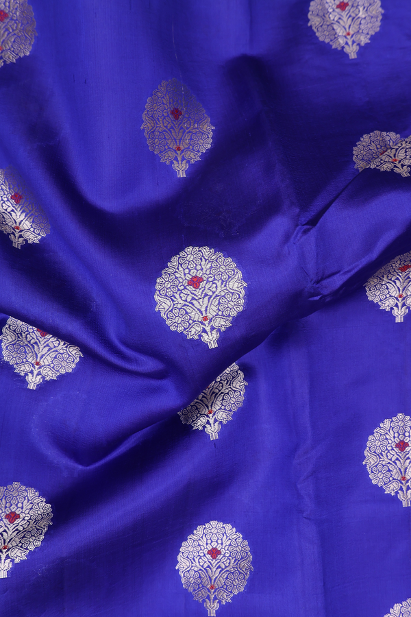 Raw Silk Saree In Royal Blue With Floral Motifs